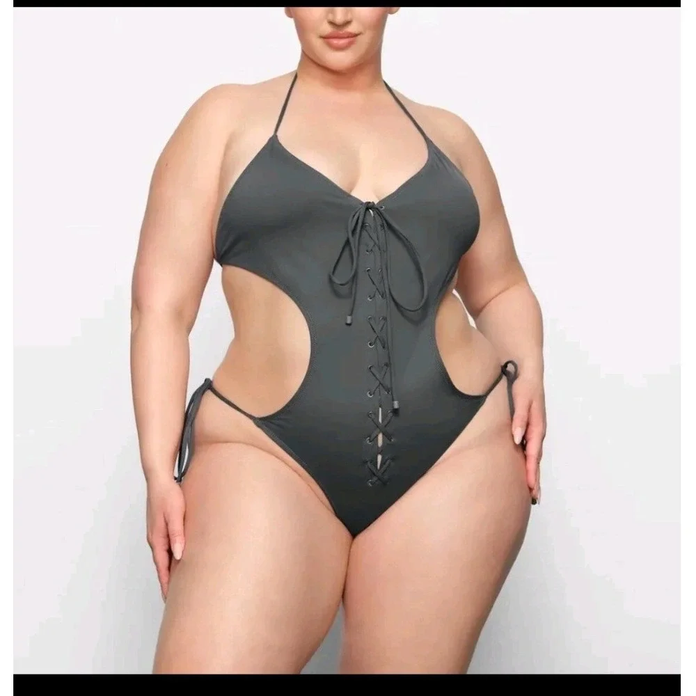 SKIMS Lace Up Monokini Carbon Grey One‎ Piece Swimsuit Side Tie Cut Out XL